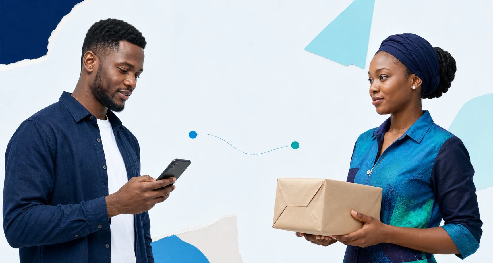 A Buyer reviewing a phone while a Seller prepares a parcel for their Deal