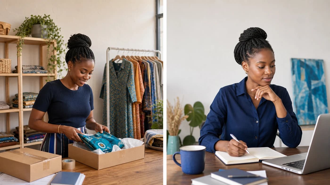 The same entrepreneur preparing a product and reviewing a service project in separate work settings