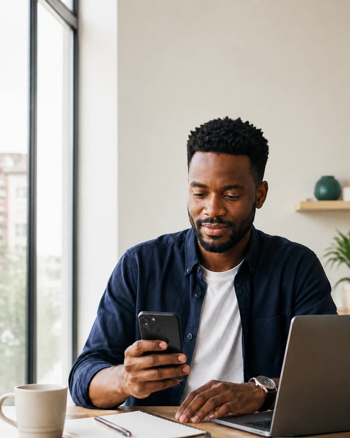 A SHYLDA account holder using their phone at a desk