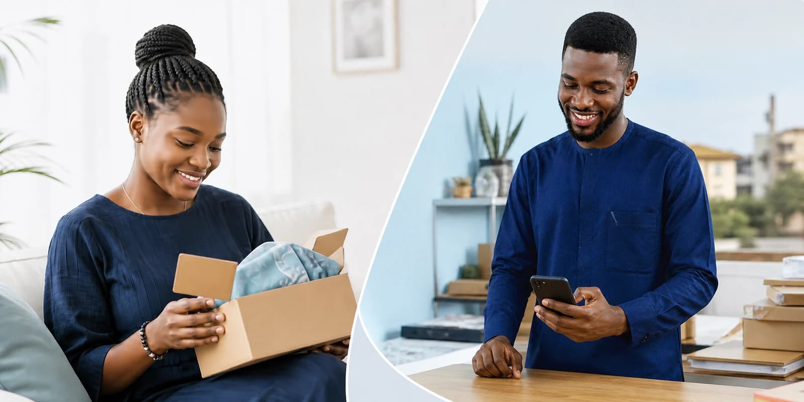 A happy Buyer enjoying a delivered item and a Seller smiling after completing the Deal